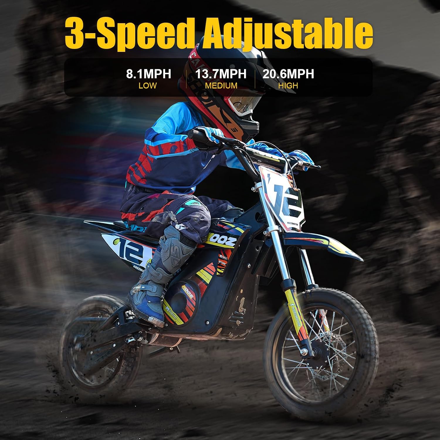 KOOZ HP112E PRO 36V 1000W Electric Dirt Bike for Kids, 3 Speed Modes Teen Electric Motorcycle Up to 20.6 MPH& 19 Miles Long-Range, Dual Suspension & Disc Brake, 16' Sturdy Tire