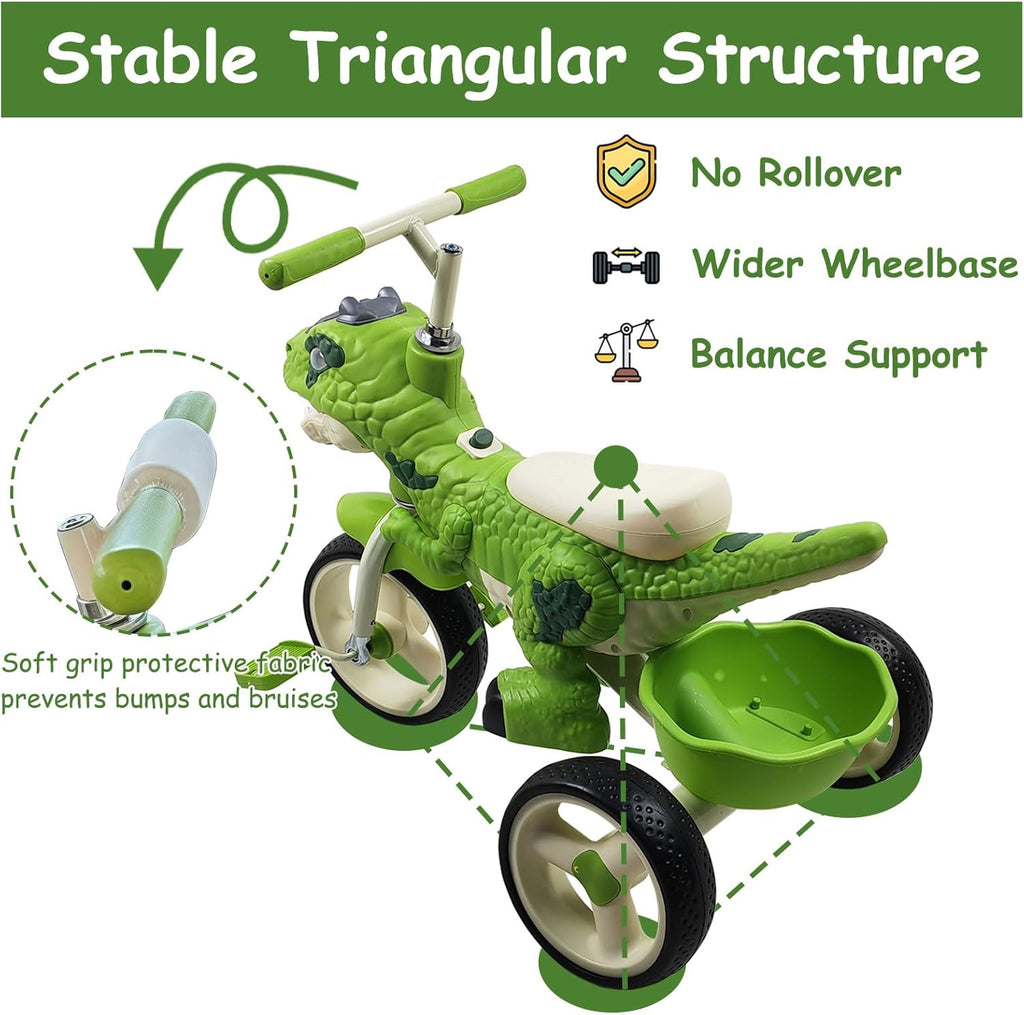 Dinosaur Kids Tricycle for 2-6 Year Olds, Kids Trike Big Wheel with Rubber Wheels, Storage Basket, Music Lights, Indoor Outdoor Preschool Kids Bike, Birthday Gift for Girls & Boys