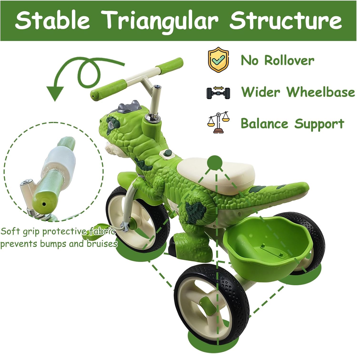 Dinosaur Kids Tricycle for 2-6 Year Olds, Kids Trike Big Wheel with Rubber Wheels, Storage Basket, Music Lights, Indoor Outdoor Preschool Kids Bike, Birthday Gift for Girls & Boys