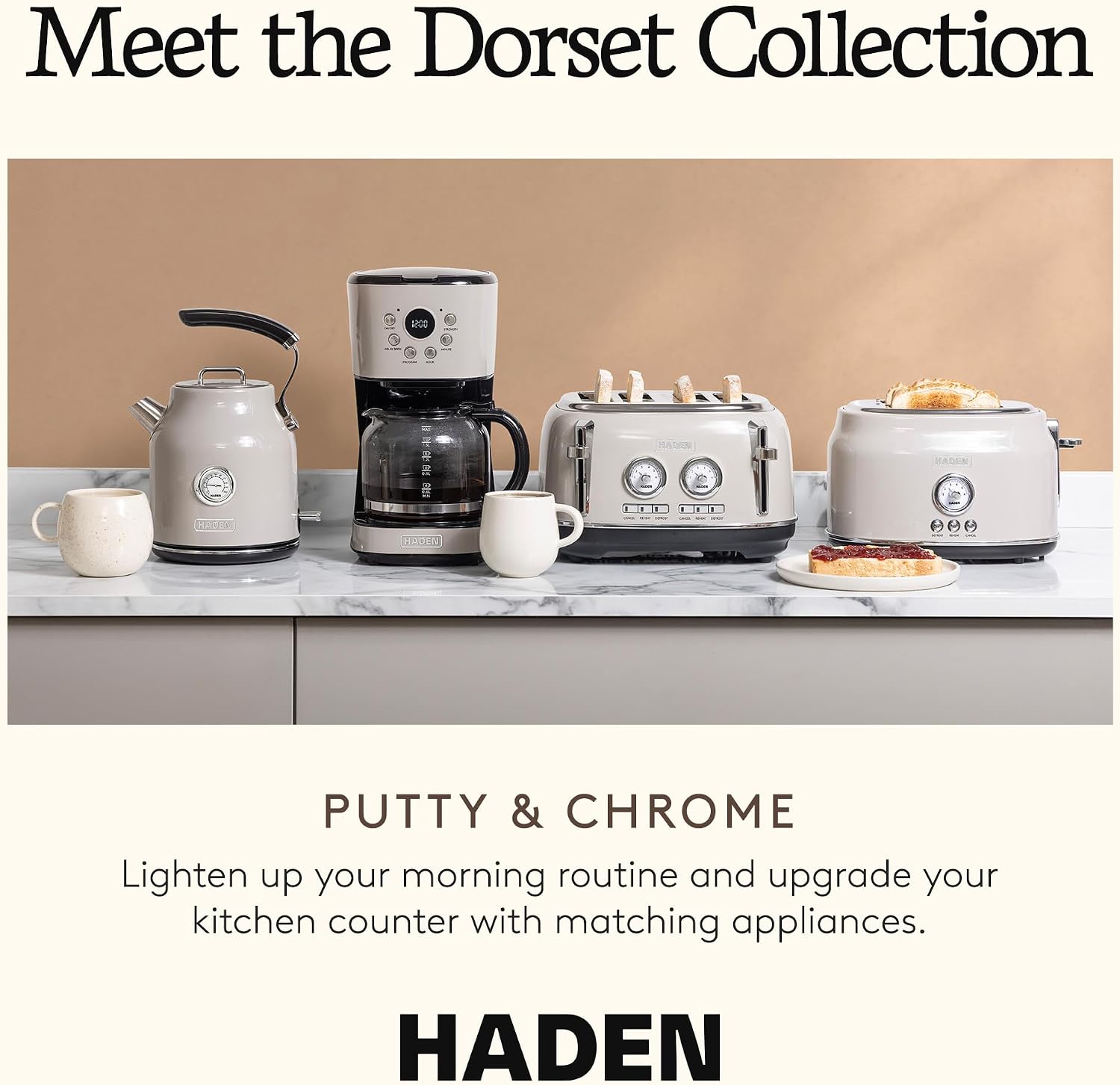 Haden 12 Cup Programmable Drip Coffee Maker Coffee Machine Bundled with Dorset 4 Slice Wide Slot Stainless Steel Toaster, Putty & Chrome