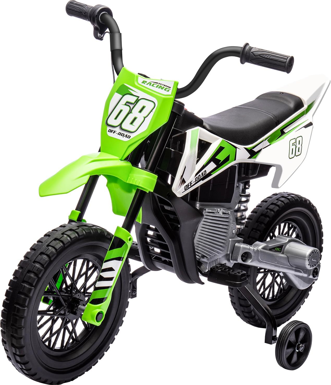 12V Kids Motorcycle w/Treaded Tires, 3.1mph Top Speed, Kids Motorcycle w/Training Wheels, Music, Spring Suspension, Ideal for Toddlers 3-6 Years Old, Green