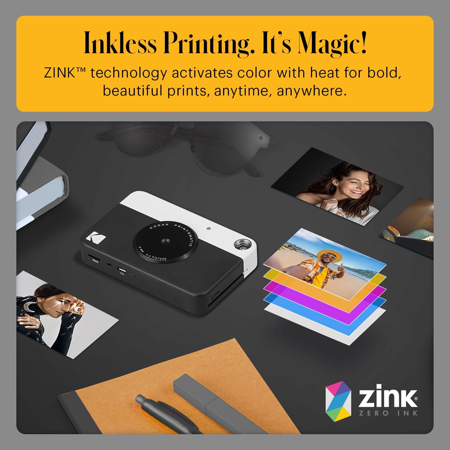 KODAK Printomatic Full-Color Instant Print Digital Camera Colorful Photos On Zink 2x3' Sticky-Back Photo Paper 5MP Gift Bundle: Case + Zink 2x3' 20pk + Album + Stickers + Frames + Markers - Black