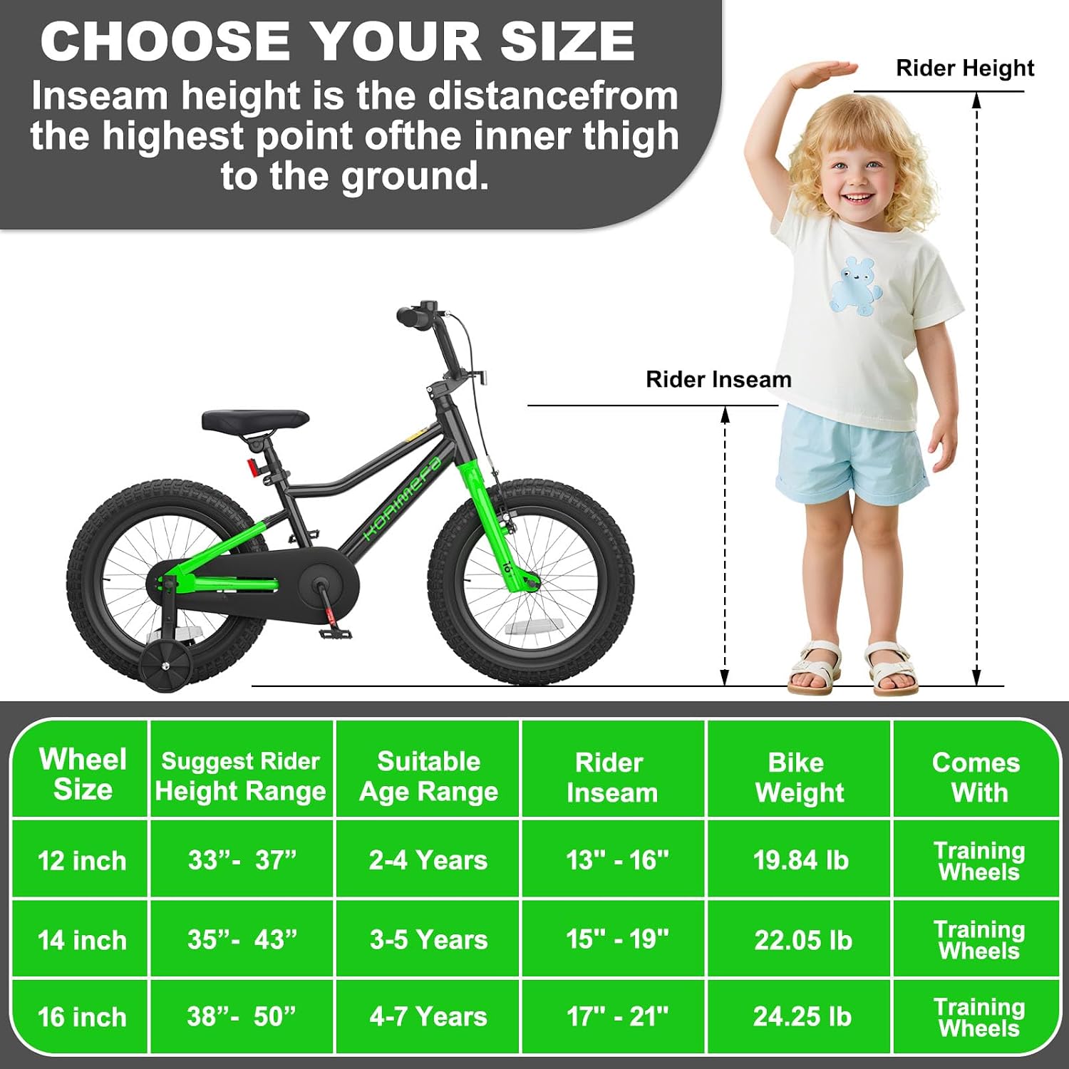 KORIMEFA Kids BMX Bike for 2-8 Years Old, 12 14 16 Inch Coaster Brake Bicycle with Removable Training Wheels, Children Bike for Little Boys & Girls, Rider Height 33-50 Inch