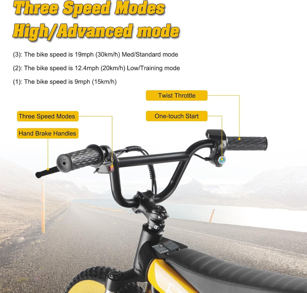 Electric Balance Bike, 750W Motor, 18Miles Long Range & 19Mph, 16' Fat Tire Electric Dirt Bike for Ages 6-11, Front Suspension, Dual Brake Off-Road Electric Motorcycle for Boys Girls (Yellow)