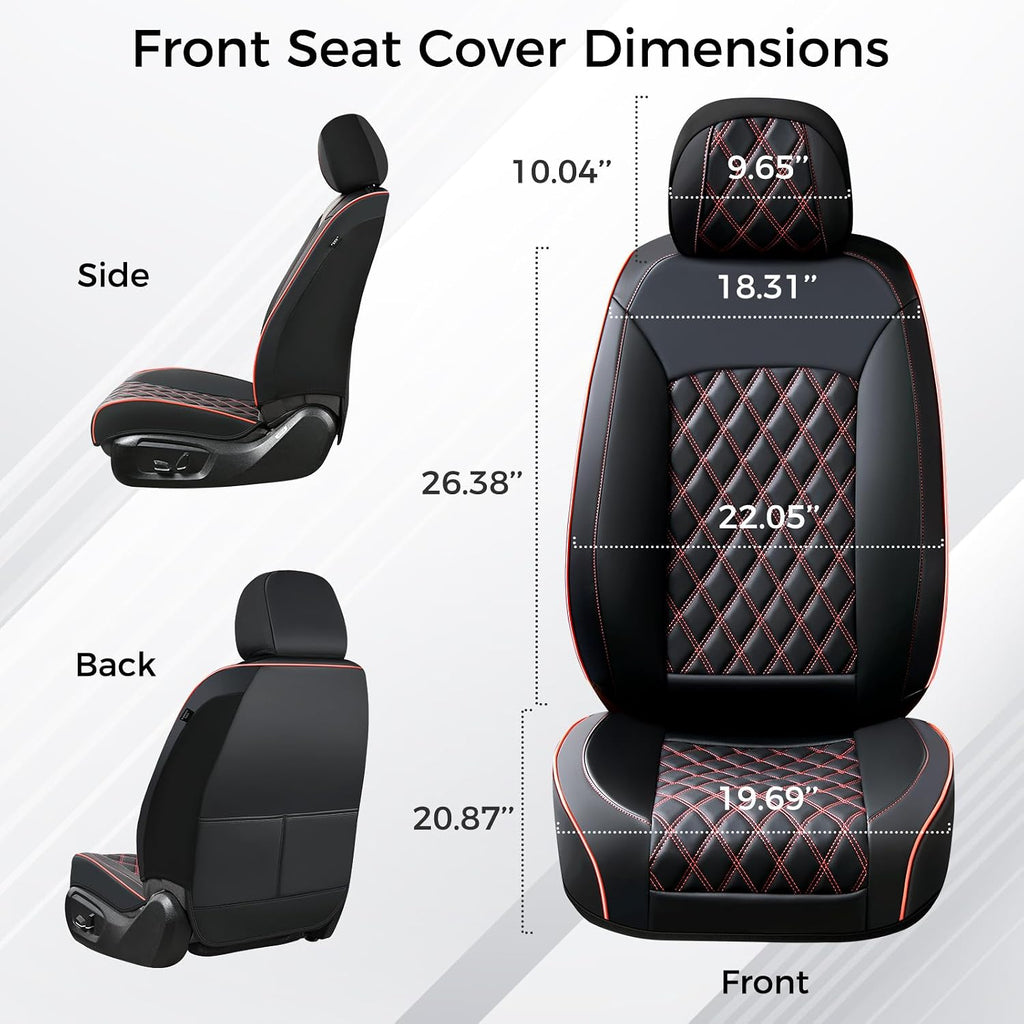 Huidasource Front Seat Covers, Full-Cover Leather Driver Seat Cover, Side Stretch Fabric, Car Interior Front Seat Cover Universal Fit for Most Cars, Most Cars,Vans,Trucks, SUVs (Front Pair/Black&Red)