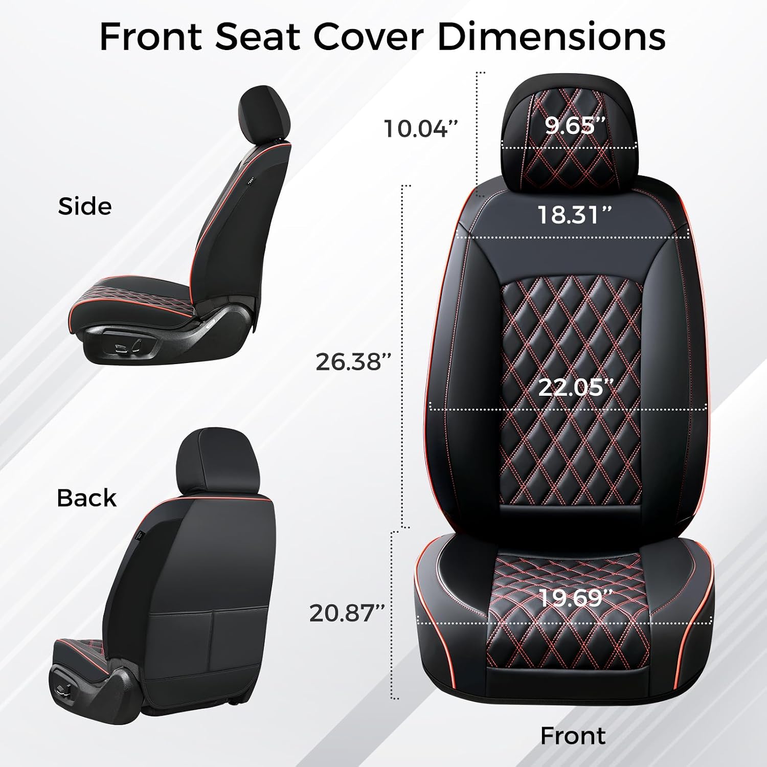 Huidasource Front Seat Covers, Full-Cover Leather Driver Seat Cover, Side Stretch Fabric, Car Interior Front Seat Cover Universal Fit for Most Cars, Most Cars,Vans,Trucks, SUVs (Front Pair/Black&Red)