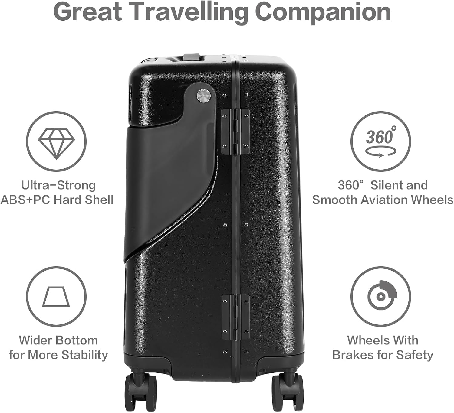 smilesun 20' Carry On Luggage with Seat For Kids & Adults，Hardside Ride On Suitcase Front Opening with 360°Spinner and TSA Lock For Travel (Black with Front Open, 20')