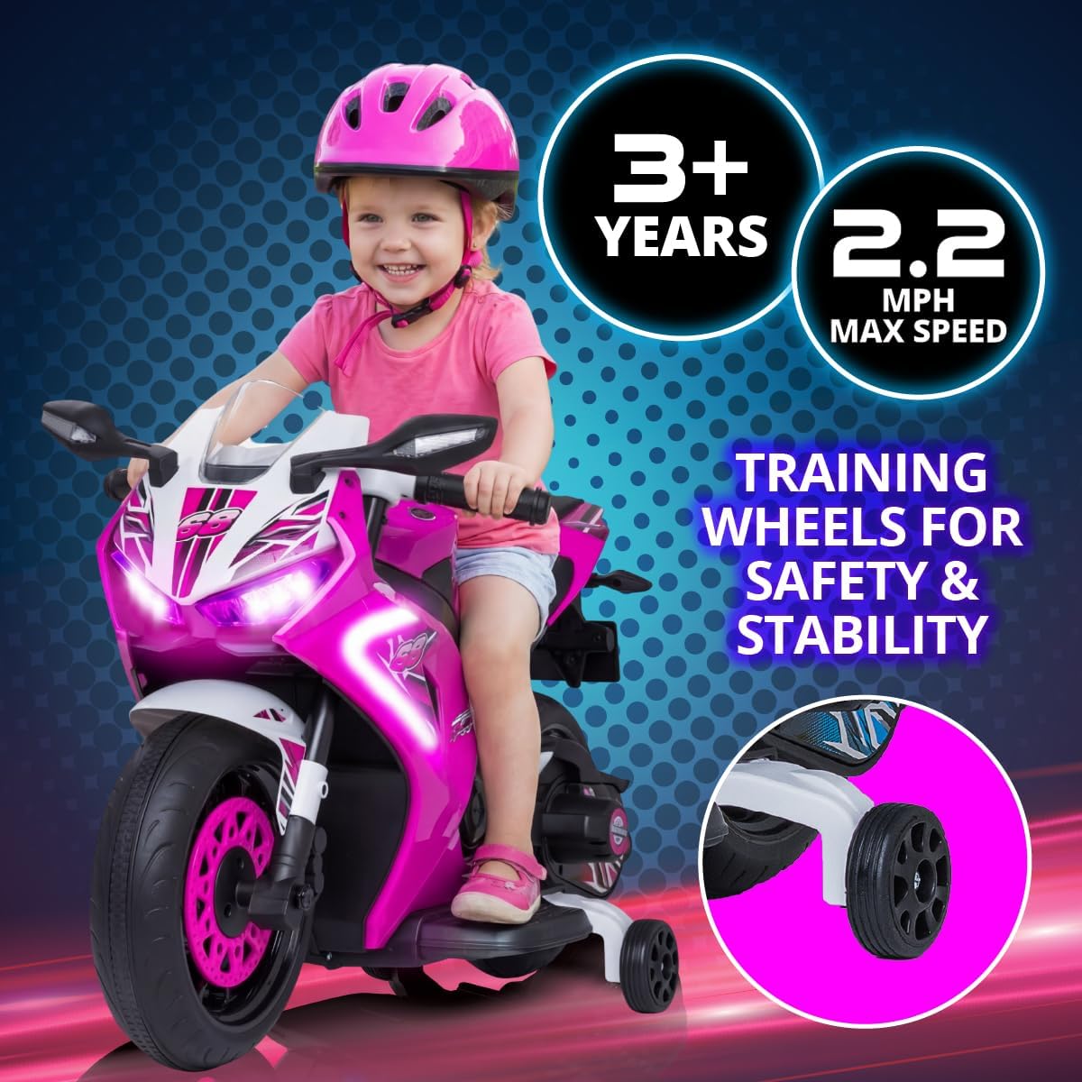 Kid Trax 6V Glow Electric Toddler Kids Motorcycle - Toddler Bike, Indoor/Outdoor Toys, Durable, LED Headlights and Body Light, Realistc Sounds, Kids Ride On Toys, Max Weight 65lbs, Ages 3+, Pink
