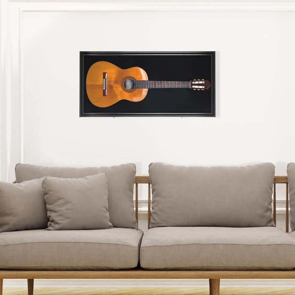 DisplayGifts 45' Acoustic Guitar Display Case Cabinet Shadow Box with Guitar Hanger Stand, Lockable 98% UV Protection Black Felt Interior Black Finish Frame