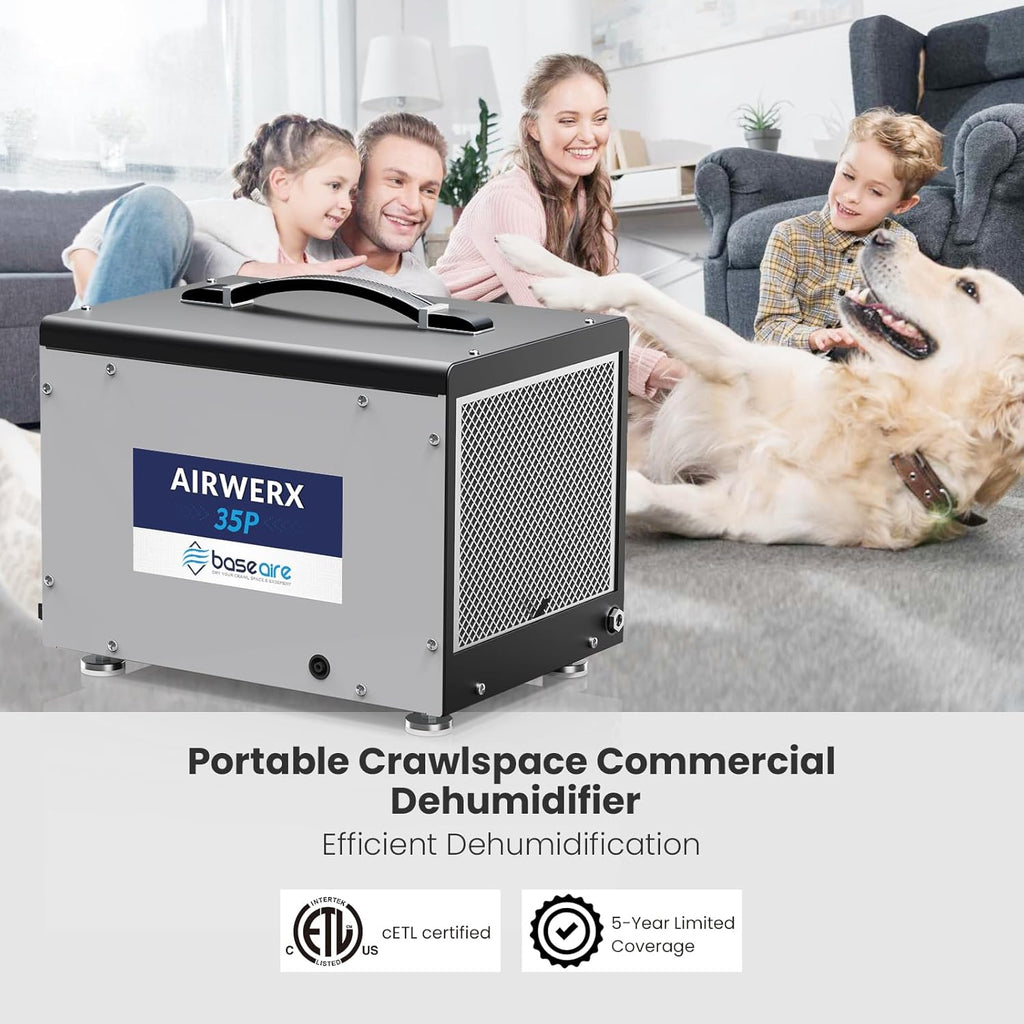 BaseAire Crawlspace Dehumidifier with Pump, Intelligent Dehumidifiers for Commercial, Basement, 70 pints, Compact, Auto Defrost, Memory Starting, Up to 1000 Sq Ft