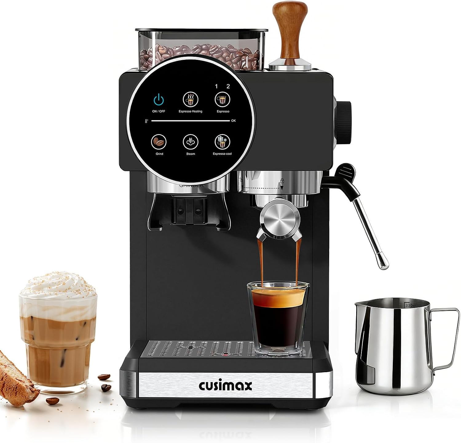 Espresso Machine with Grinder, 20 Bar Professional Expresso Coffee Machines with Milk Frother Steam Wand, Espresso Maker with 60oz Removable Water Tank, Cappuccino & Latte Machine for Home (Dark-Pro)