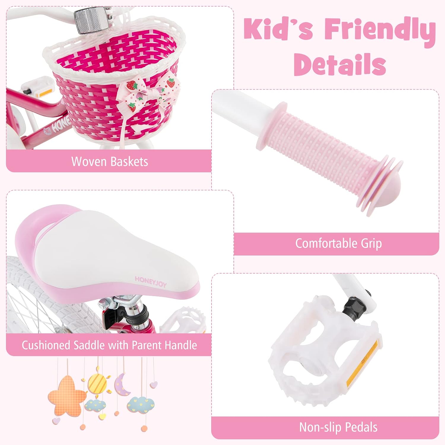 HONEY JOY Kids Bike, 14 16 18 Inch Girls Bike for Toddlers w/Training Wheels, Handbrake & Coaster Brake, Steel Frame, Fully Enclosed Chain, Little Princess Style Children Bicycle, Gift for Girls 3-8
