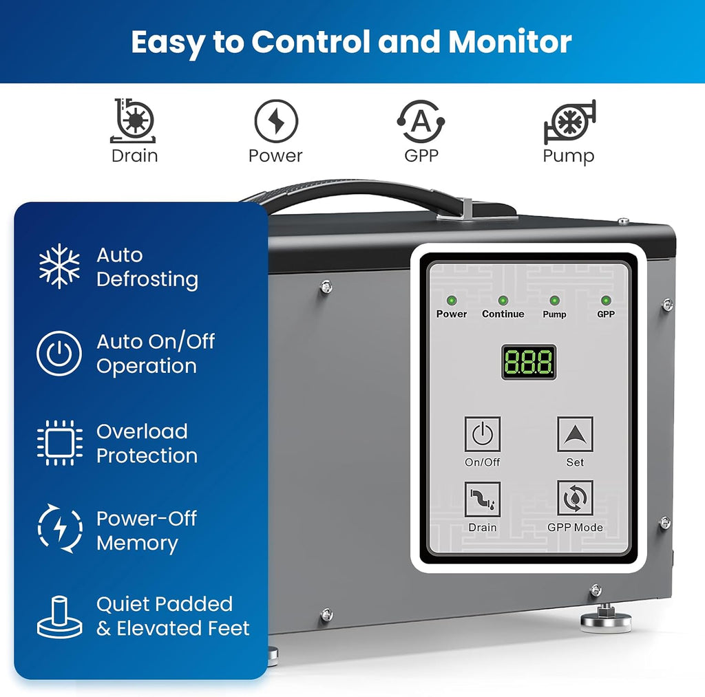 BaseAire Crawlspace Dehumidifier with Pump, Intelligent Dehumidifiers for Commercial, Basement, 70 pints, Compact, Auto Defrost, Memory Starting, Up to 1000 Sq Ft
