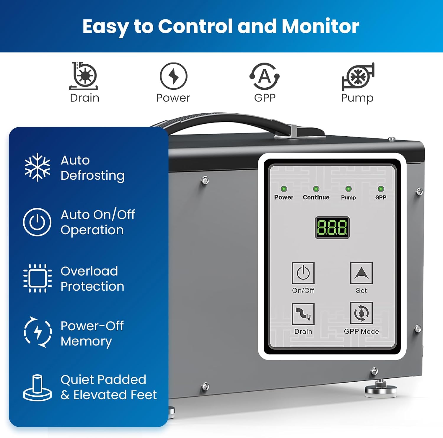 BaseAire Crawlspace Dehumidifier with Pump, Intelligent Dehumidifiers for Commercial, Basement, 70 pints, Compact, Auto Defrost, Memory Starting, Up to 1000 Sq Ft