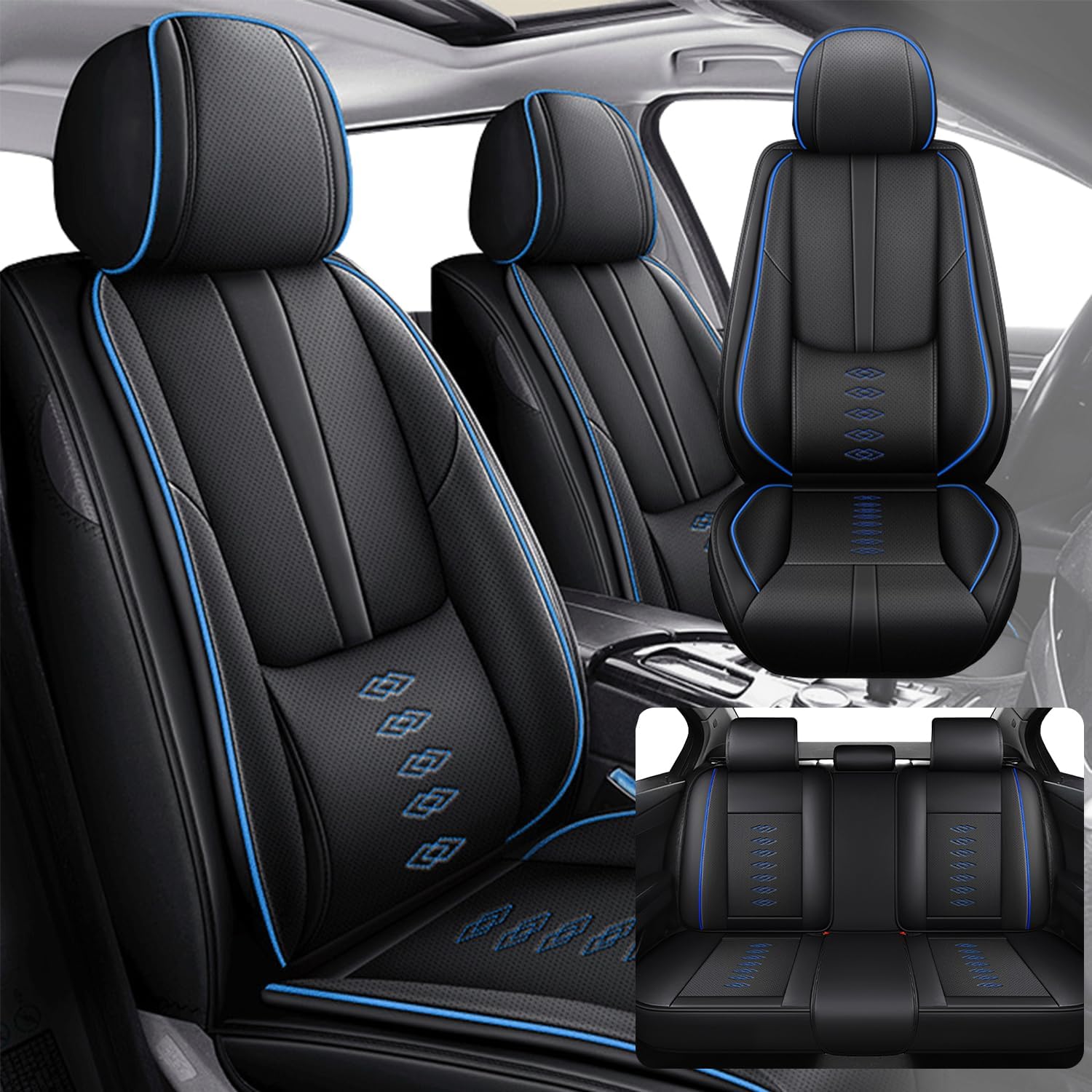 Car Seat Covers 5 Seats Fit for Mitsubishi Montero 1999-2005,Waterproof Leather Seat Covers,Airbag Compatible,Car Seat Protectors Interior Sets(Full Set,Black&Blue)
