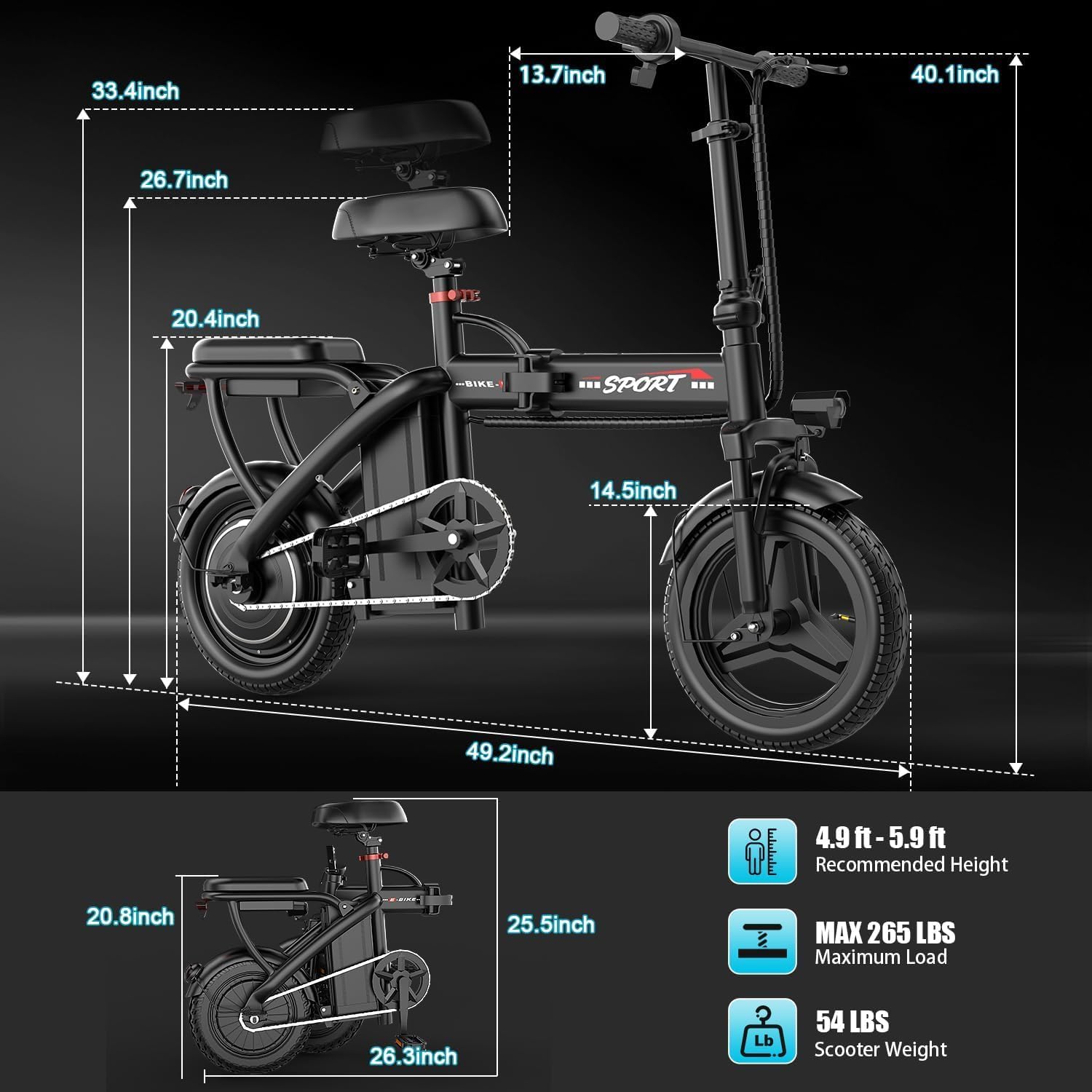 ASKGO Electric Bike for Adults Teens, 800/1200W Peak Folding Ebike, 22/25MPH & 30/45 Miles Range, Dual Suspension & Dual Brake, 3-Speed Modes, 14' Portable Electric Mini Bike, Commuting Ebike