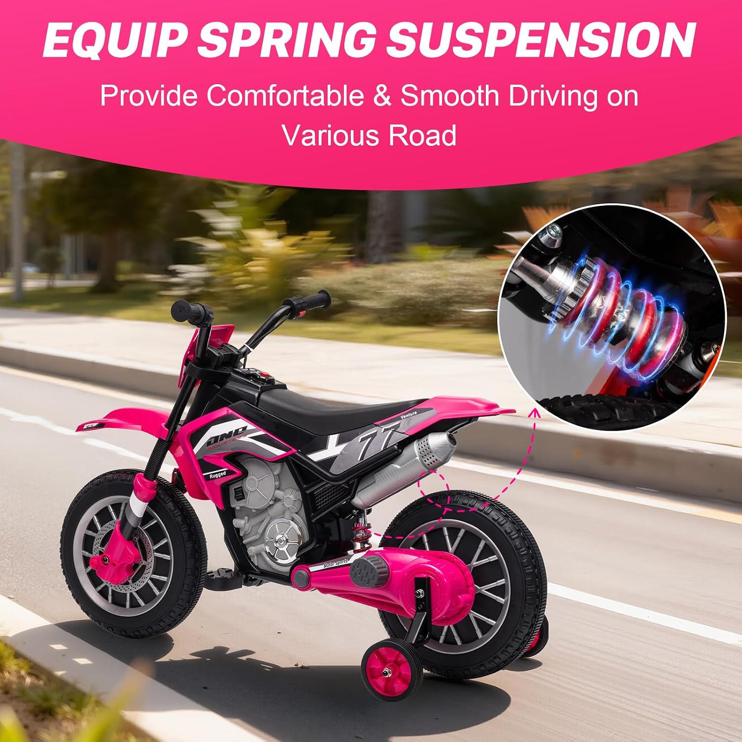 12V Kids Motorcycle w/Treaded Tires, 3.1mph Top Speed Electric Bike for Kids, Training Wheels, Music & Bluetooth, Spring Suspension, Age 3-8 Year Old, Pink
