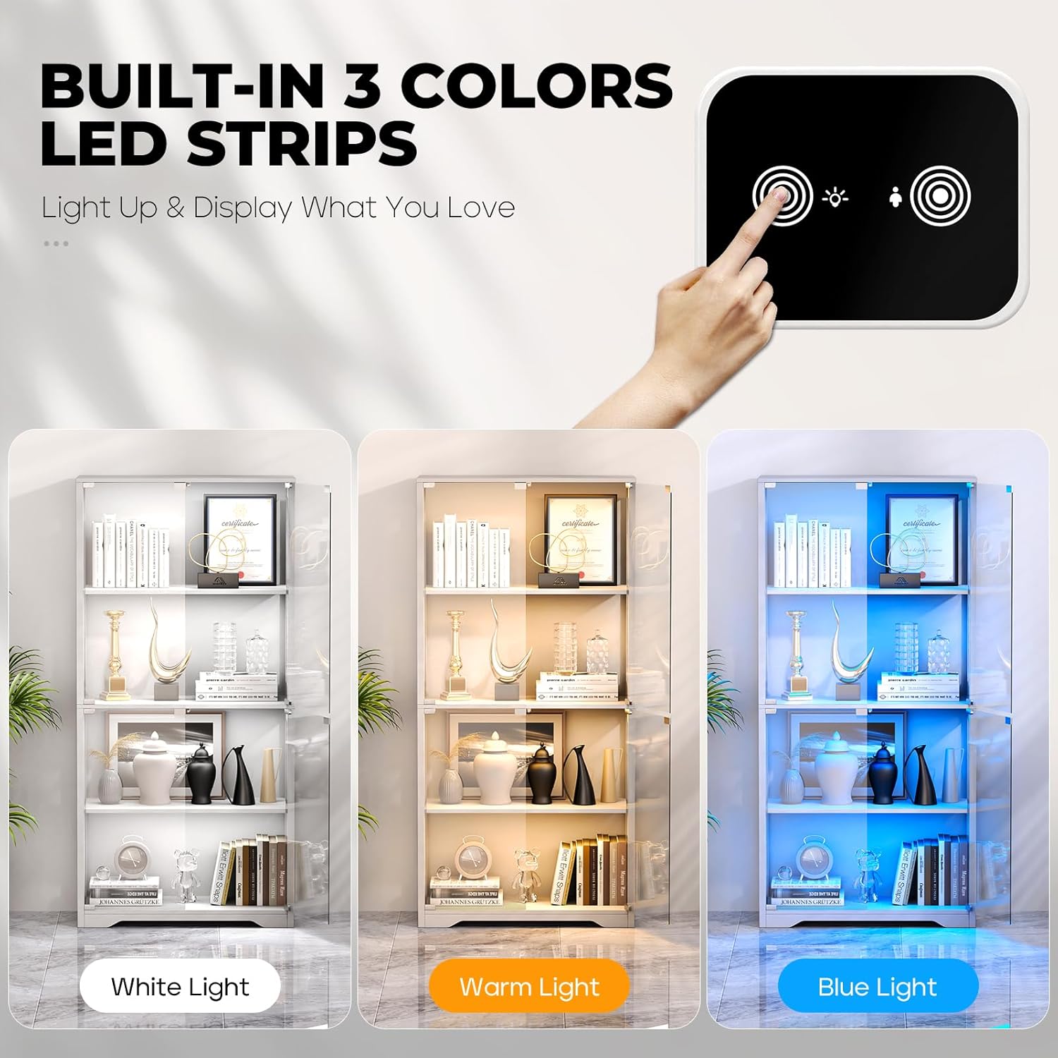 BROTTAR Display Cabinet with Glass Doors, 4-Tier Curio Cabinet with 3 Color Lights for Collectibles, Glass Display Case with Human Body Sensor, Bookcase with 4 Shelves, Storage Cabinets, White