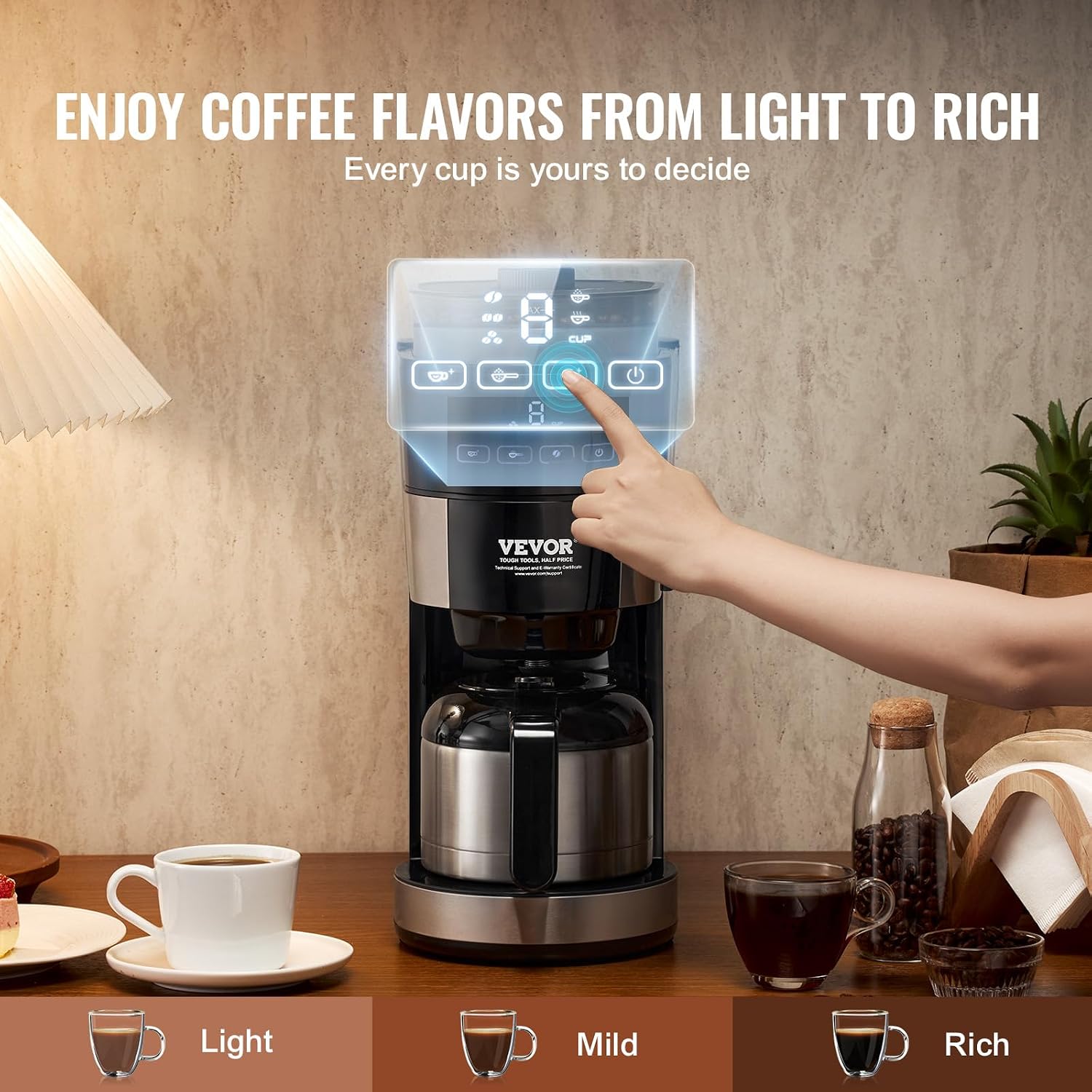 VEVOR Coffee Maker with Grinder, 8 Cup Programmable Coffee Machine, Grind and Brew Coffee Maker with 3 Brew Strength Control, Reusable Filter, Removable Water Tank, for Home Office Restaurant