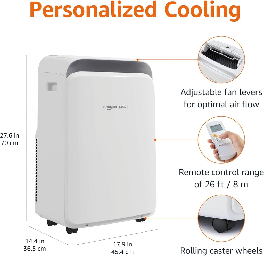Amazon Basics 3-In-1 Portable Air Conditioner with Follow Me Remote, Timer, Sleep Mode, Auto Swing, Dehumidifier, 12000 BTU (ASHRAE), Cools Up to 550 Sqf Bedroom, White