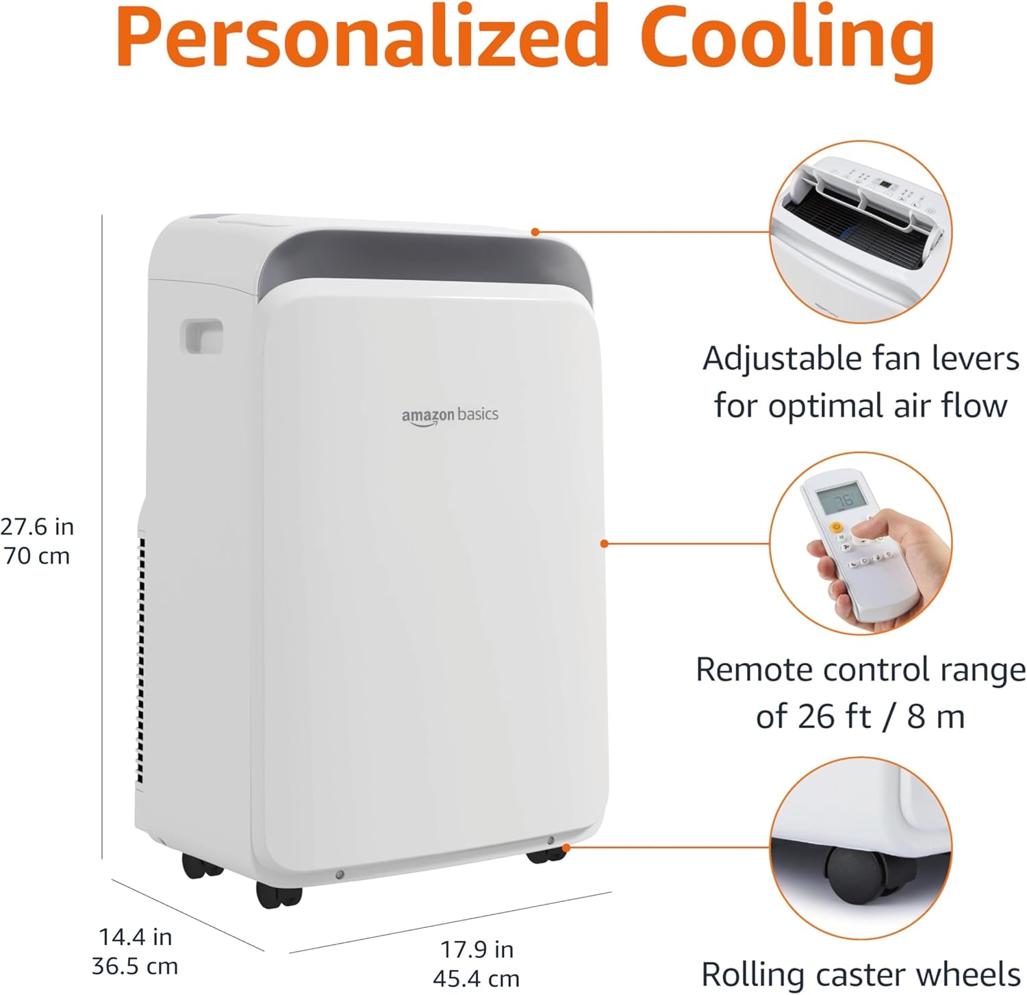 Amazon Basics 3-In-1 Portable Air Conditioner with Follow Me Remote, Timer, Sleep Mode, Auto Swing, Dehumidifier, 12000 BTU (ASHRAE), Cools Up to 550 Sqf Bedroom, White