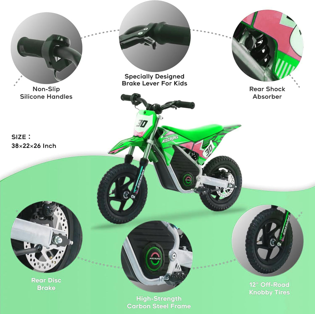 AIII 36V Electric Dirt Bike for Kids 3-8, High Performance 250W Racing Grade Motorcycle, Up to 15.5MPH, 3 Speed Settings, 12-Inch Off-Road Tires, Rear Disc Brakes & Advanced Shock Absorption, Green