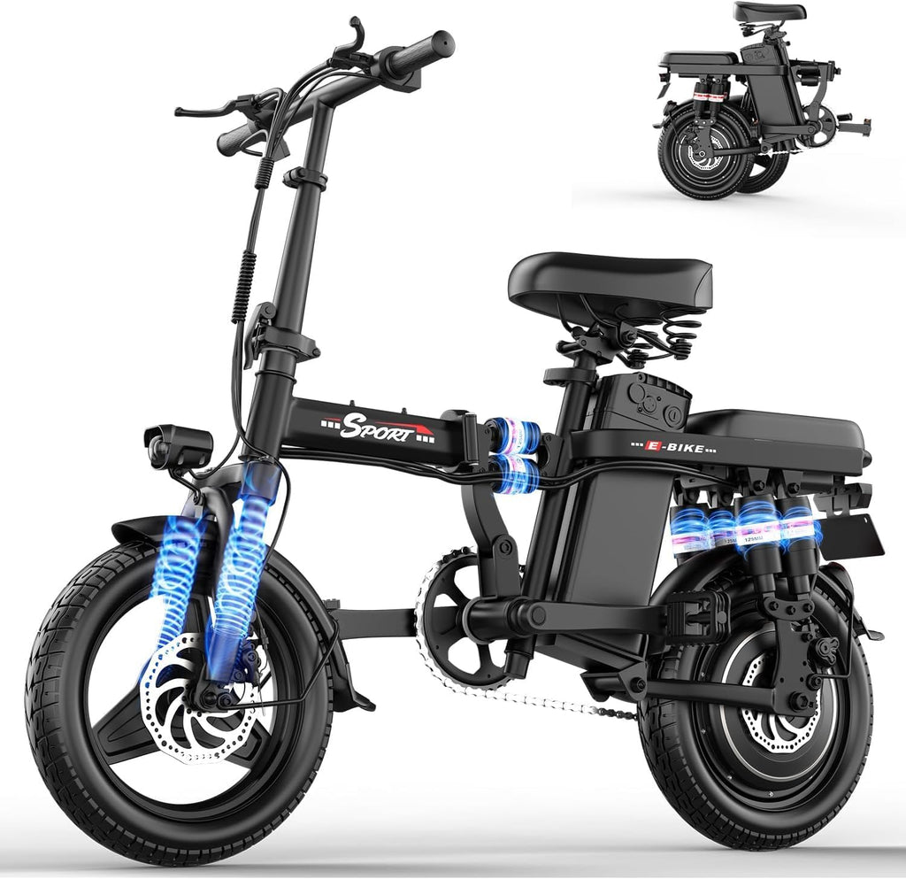 ASKGO Electric Bike for Adults Teens, 800/1200W Peak Folding Ebike, 22/25MPH & 30/45 Miles Range, Dual Suspension & Dual Brake, 3-Speed Modes, 14' Portable Electric Mini Bike, Commuting Ebike