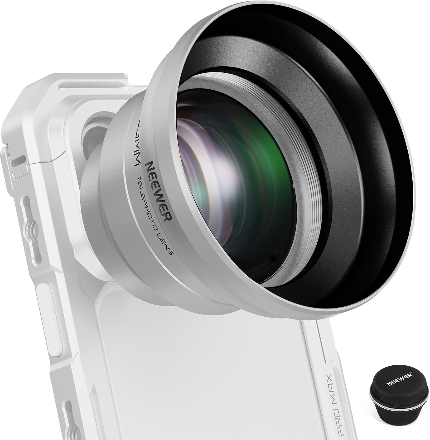 NEEWER 65mm HD Telephoto Phone Camera Lens with Hood (Silver), 1.7X Zoom Lens Attachment for 17mm Thread Backplate, Phone Cage & Case Compatible with iPhone Android, LS-66