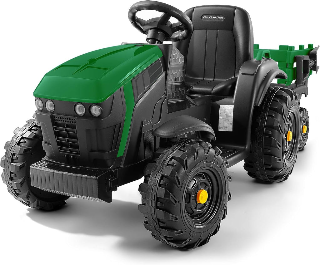 ELEMARA 24V 9AH Ride on Tractors with Easy Detachable Trailer,400W Motors Tractor Ride On Toy,Electric Tractor Toy for Big Kids, All-Terrain Capability,3-Point Seat Belt for Ages 3+, Forest Green