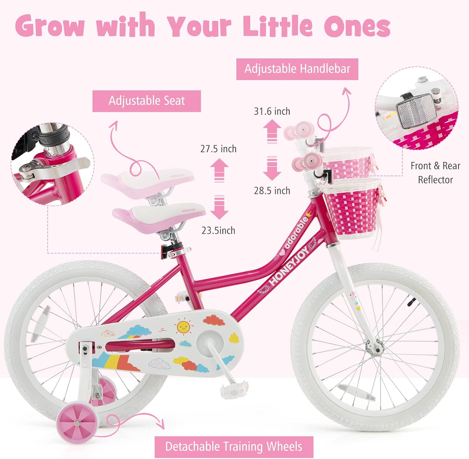 HONEY JOY Kids Bike, 14 16 18 Inch Girls Bike for Toddlers w/Training Wheels, Handbrake & Coaster Brake, Steel Frame, Fully Enclosed Chain, Little Princess Style Children Bicycle, Gift for Girls 3-8