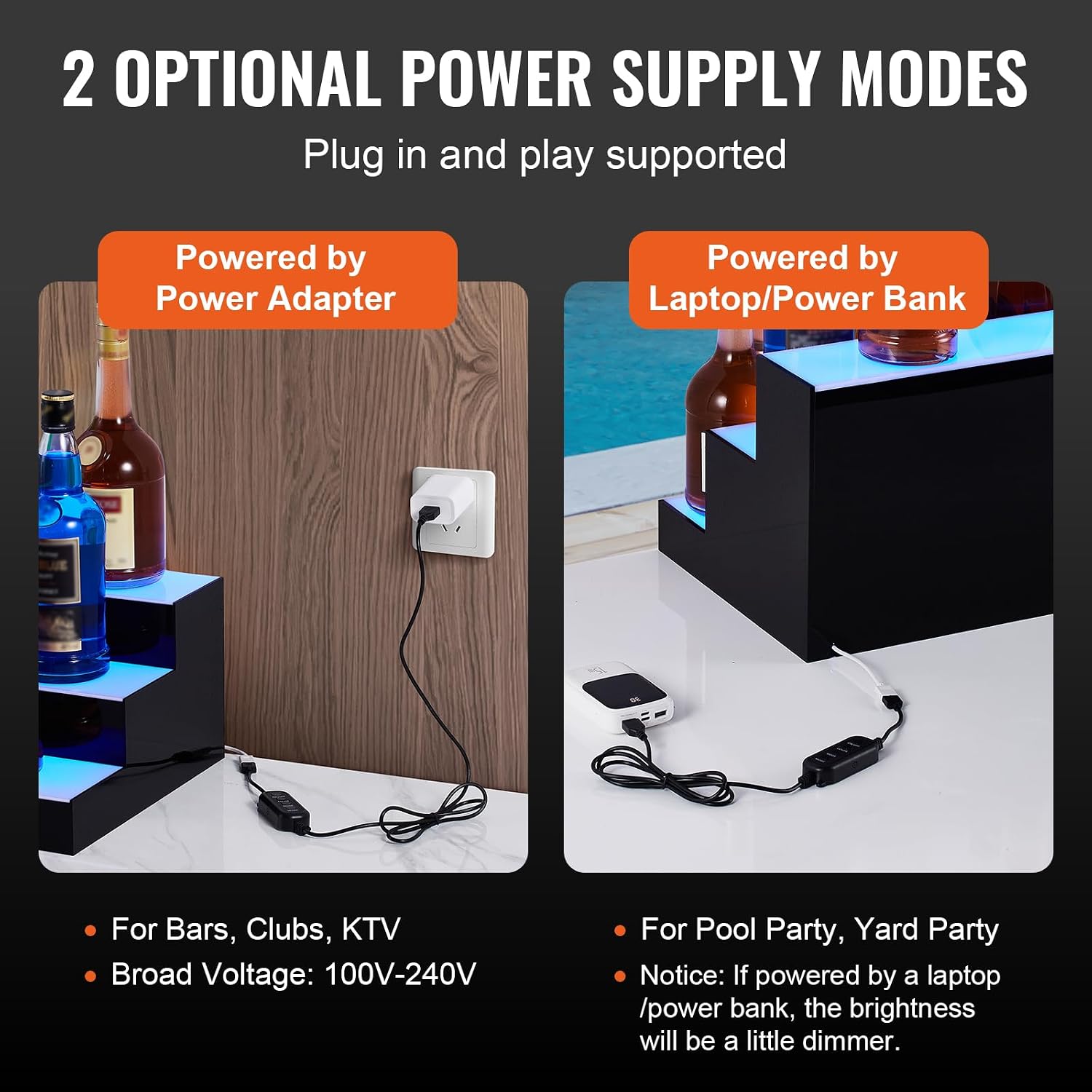 VEVOR LED Lighted Liquor Bottle Display, 3 Tiers 30 Inches, Supports USB, Illuminated Home Bar Shelf with RF Remote & App Control 7 Static Colors 1-4 H Timing, Acrylic Lighted Shelf for 24 Bottles