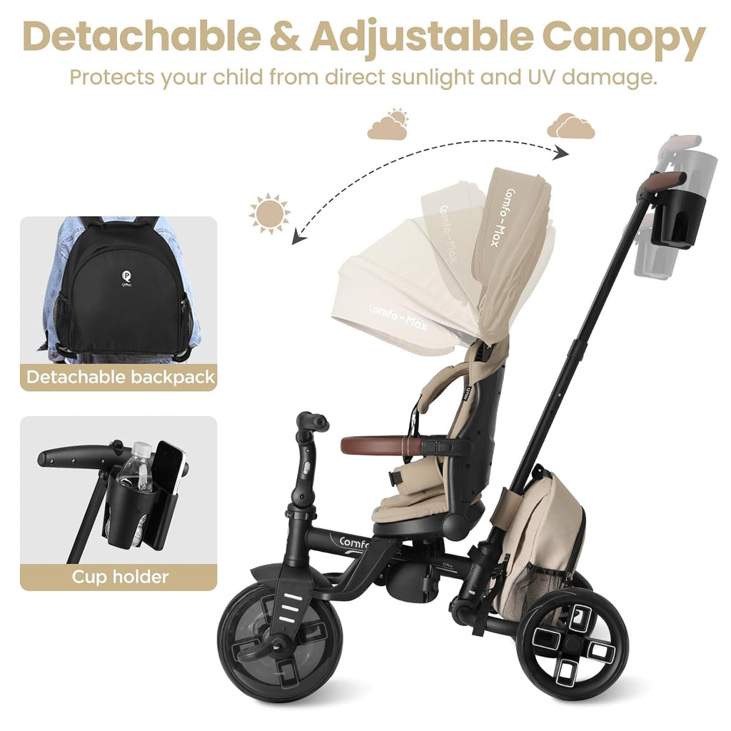 QPlay Toddler Bike Stroller for Baby 10 Months to 6 Years Old, 8-in-1 Foldable Stroller Bike for Toddlers 3-5 Boys & Girls Gifts Trike — Adjustable Handle, Triple Footrest, Canopy & Storage Bag