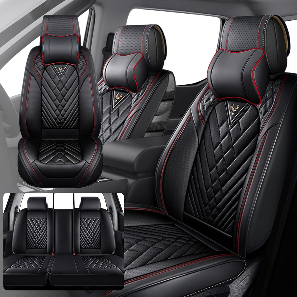 Fit for RAM 1500/2500/3500 2010-2026 Seat Covers, Fashion Sport Seat Cover with Waterproof Leather, Airbag Safe Design Seat Protector (5 Front Seat Luxury, Black Red)