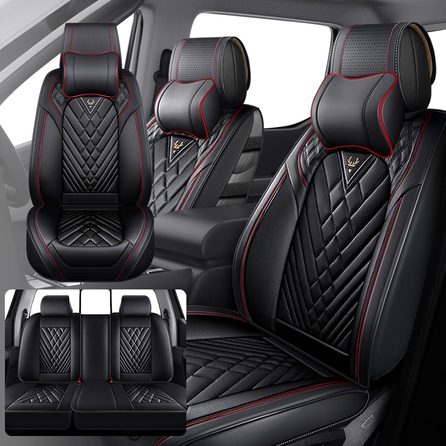 Fit for RAM 1500/2500/3500 2010-2026 Seat Covers, Fashion Sport Seat Cover with Waterproof Leather, Airbag Safe Design Seat Protector (5 Front Seat Luxury, Black Red)