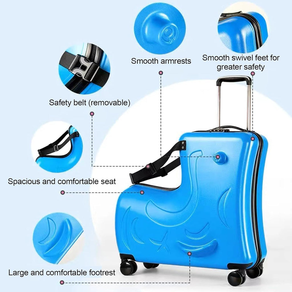 Children's Ride on Carry Suitcase - 20in Kids Travel Luggage with Password Lock, 20in Quiet Wheels Seat Belts, | Suitcase for Airplane, Childrens Stroller Trunk for todlers
