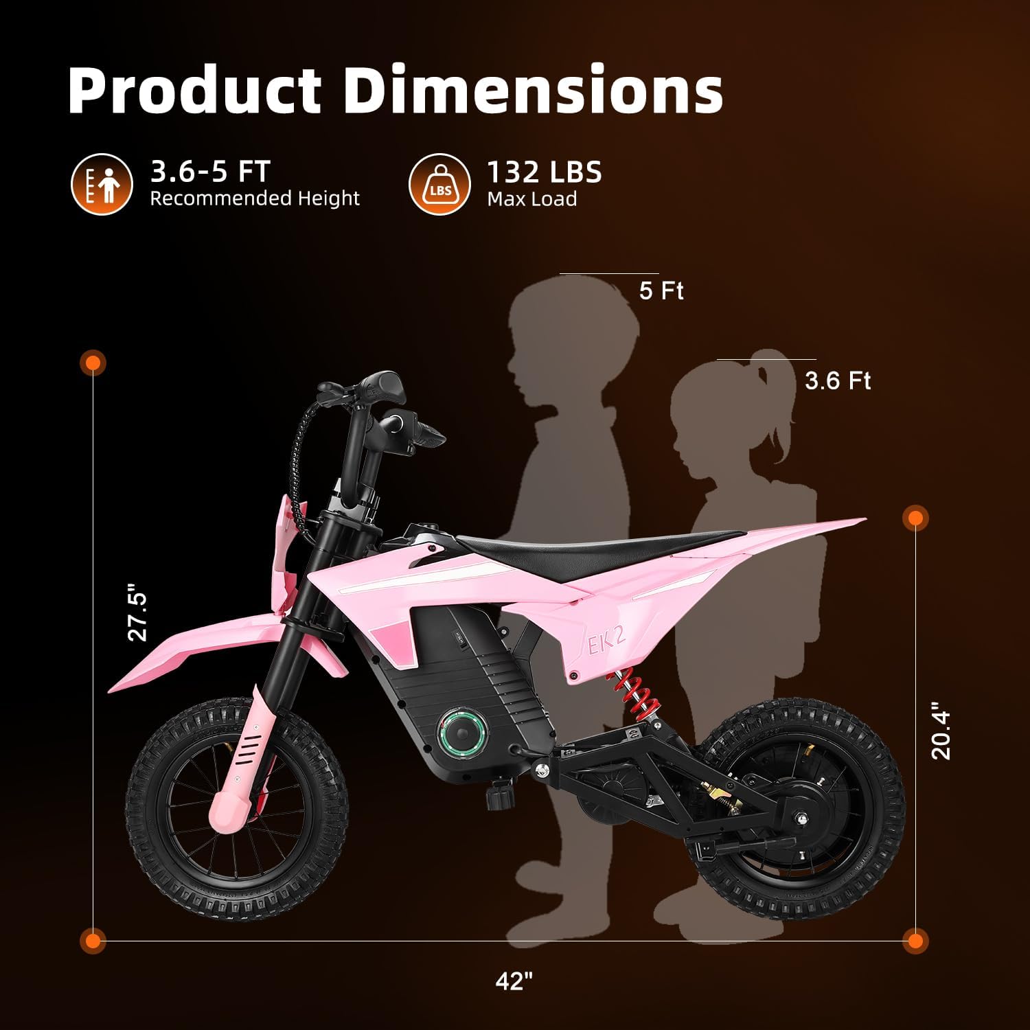 EK2 Kids Electric Dirt Bike, 350W Motor, 15 MPH Max Speed, 36V 5.2Ah Lithium Battery 12 Miles Max Range, Electric Motorcycle for Kids Aged 5-10, Pink