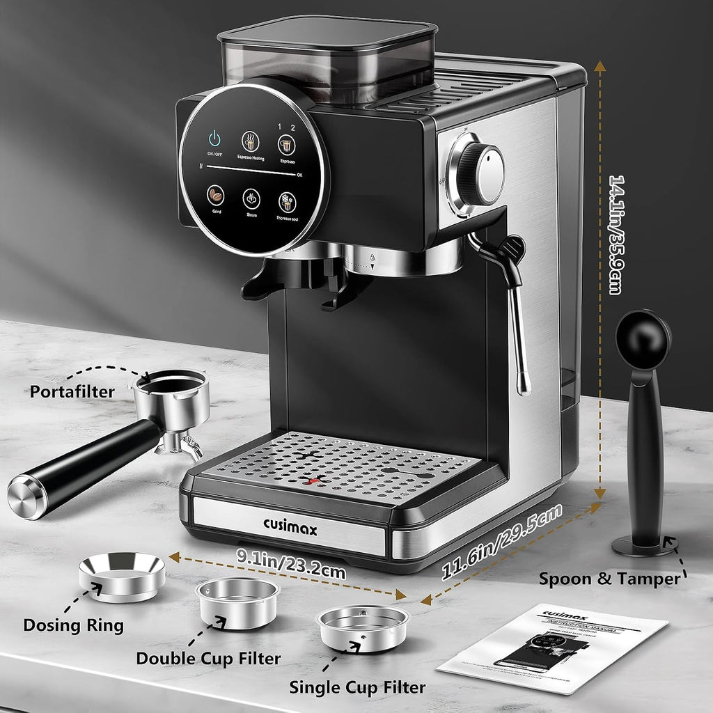 Espresso Machine with Grinder, 20 Bar Professional Expresso Coffee Machines with Milk Frother Steam Wand, Espresso Maker with 60oz Removable Water Tank, Cappuccino & Latte Machine for Home (Black)