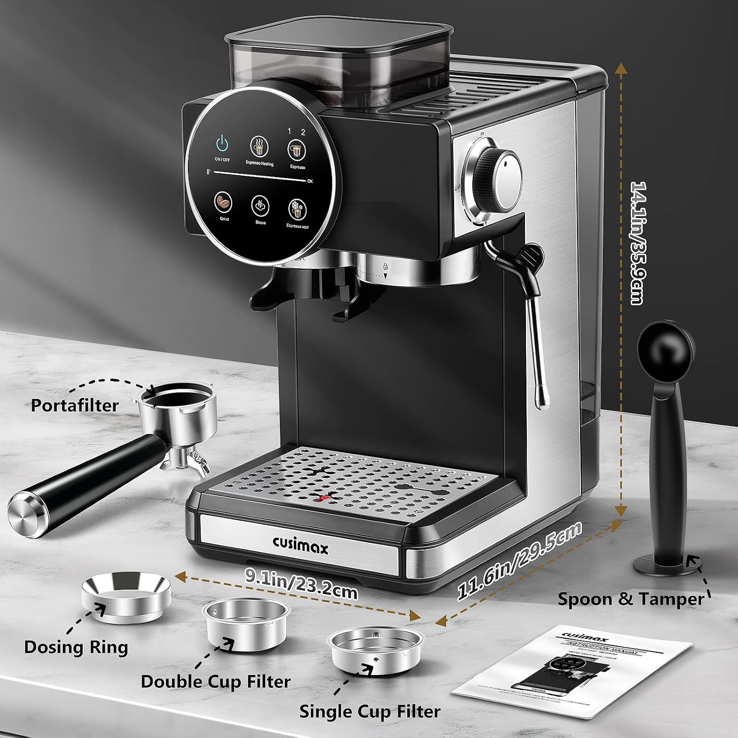 Espresso Machine with Grinder, 20 Bar Professional Expresso Coffee Machines with Milk Frother Steam Wand, Espresso Maker with 60oz Removable Water Tank, Cappuccino & Latte Machine for Home (Black)