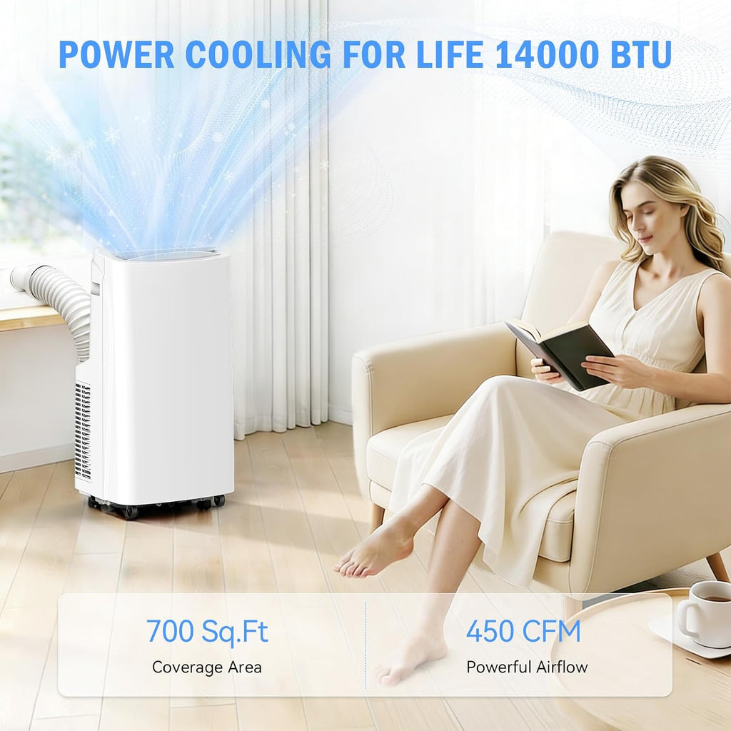 14000 BTU Portable Air Conditioners, Wi-Fi Smart Portable AC Unit, Cools Up to 700 Sq.Ft, 3-in-1 Cool/Dehumidify/Fan with Remote Control, 360° Wheels for Bedroom/Large Room