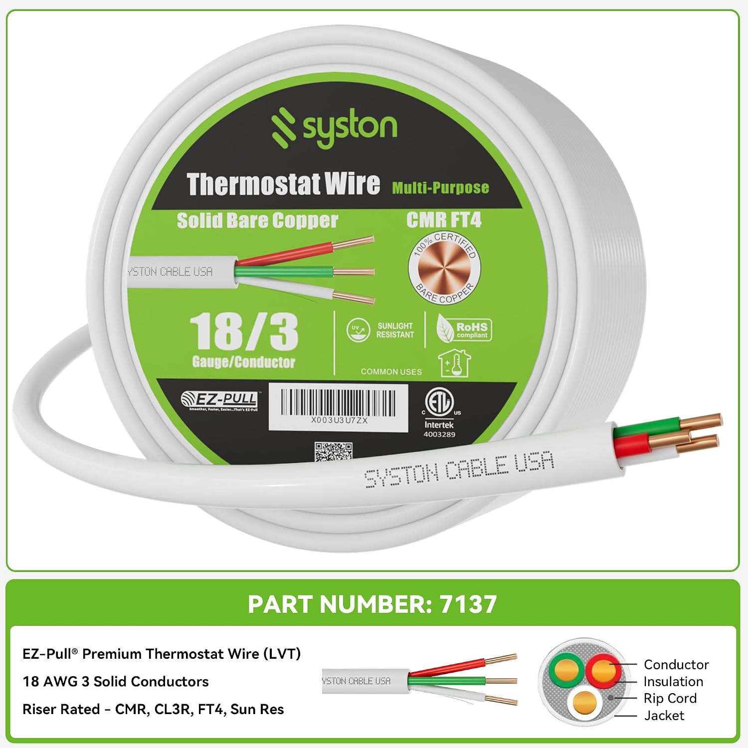 Syston 18/3 Thermostat Doorbell HVAC Heating Control Cable Wire, 18 AWG 3 Conductors 100% Solid Copper Conductors CL3R/FT4/CMR Riser-Rated, UV Resistant RoHS for Low Voltage Applications Use