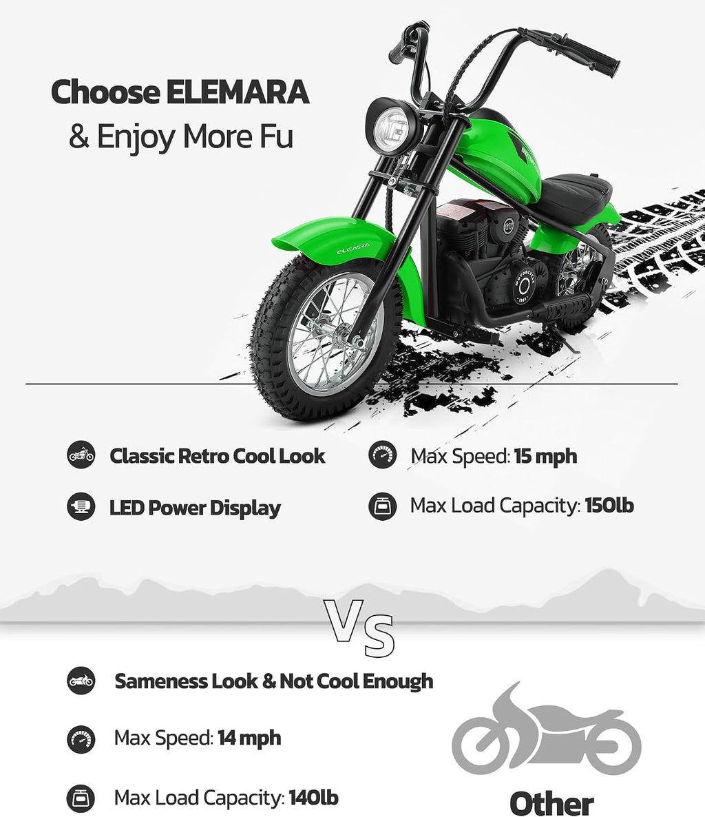ELEMARA Electric Dirt Bike, 15 mph & 150lb Max, 24V Ride on Toy for Big Kids w/LED Lights & Power Display,Chain-Driven Motor,Twist-Grip Throttle, Shock Springs,Handbrake,12' Air-Filled Tires-Green