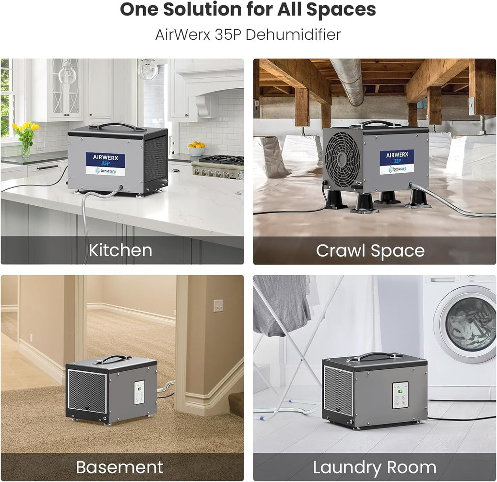 BaseAire Crawlspace Dehumidifier with Pump, Compact Dehumidifiers for Commercial, Basement and Water Damage with Drain Hose, 70 PPD, Auto Defrost, GLGR Technology, Up to 1000 Sq Ft