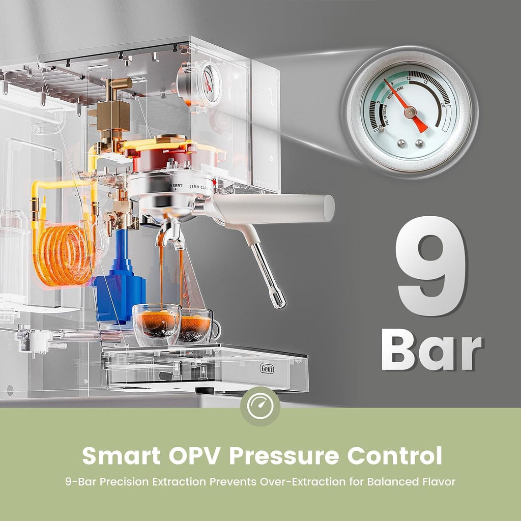 Gevi Espresso Machine with OPV, 20Bar Espresso Maker with Milk Frother Steam Wand, Dual Display, 58mm Portafilter, Stainless Steel Espresso Machines for Espresso/Latte/Cappuccino, White
