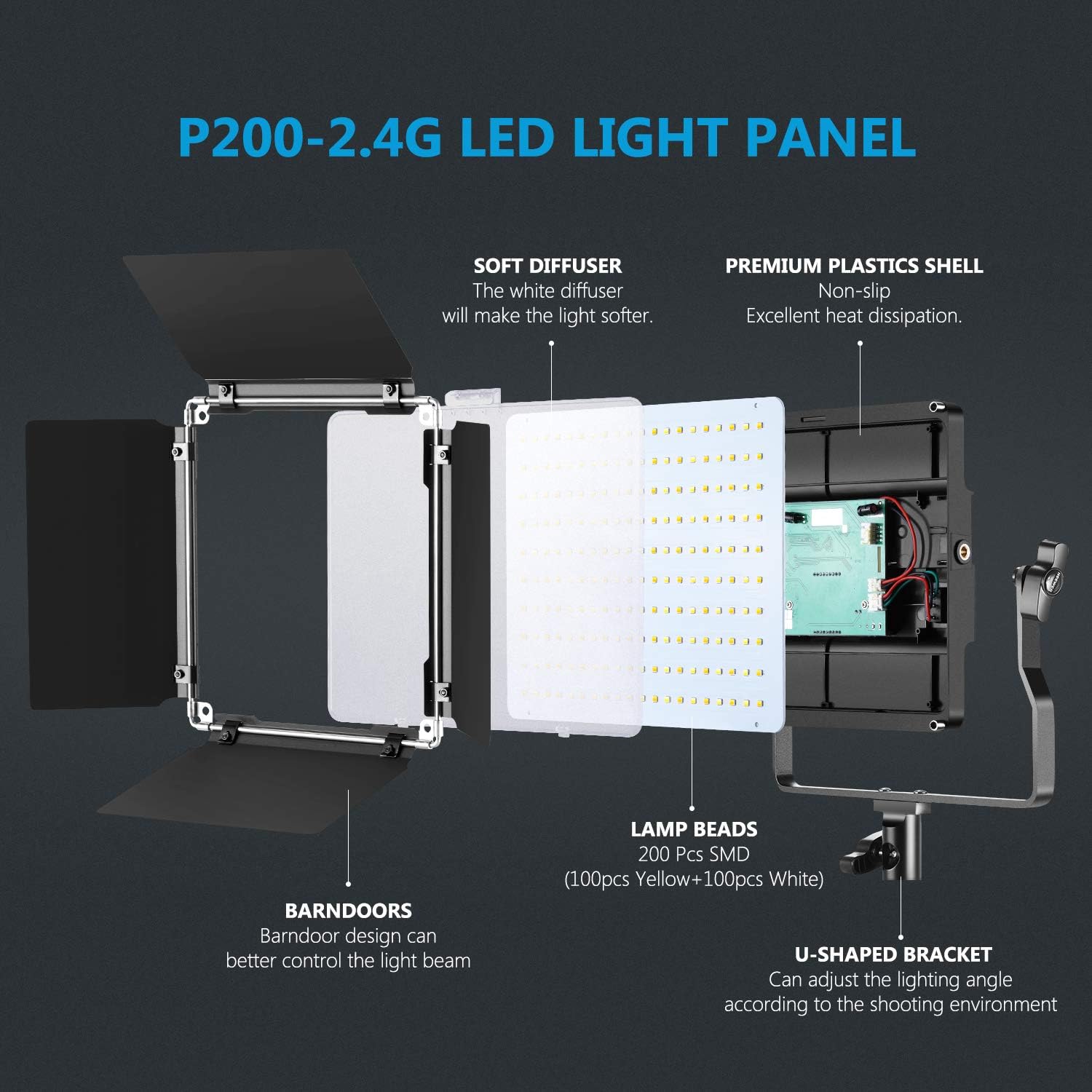 Neewer 2-Pack 2.4G LED Video Light with 2M Stand Bi-Color 200 SMD CRI 96+/U-Bracket/Barndoor/LCD Display Video Lighting Kit for Studio Photography, Remote/Case Included