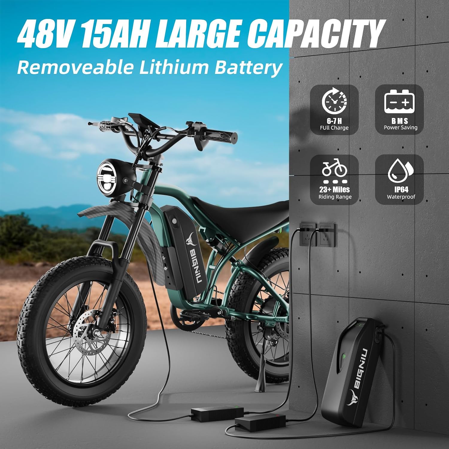 BIGNIU BG-S Electric Bike for Adults – 20'x4.5' Fat Tire, 1200W Motor, 48V 15Ah Battery, 7-Speed, Dual Disc Brakes for Off-Road and City Riding