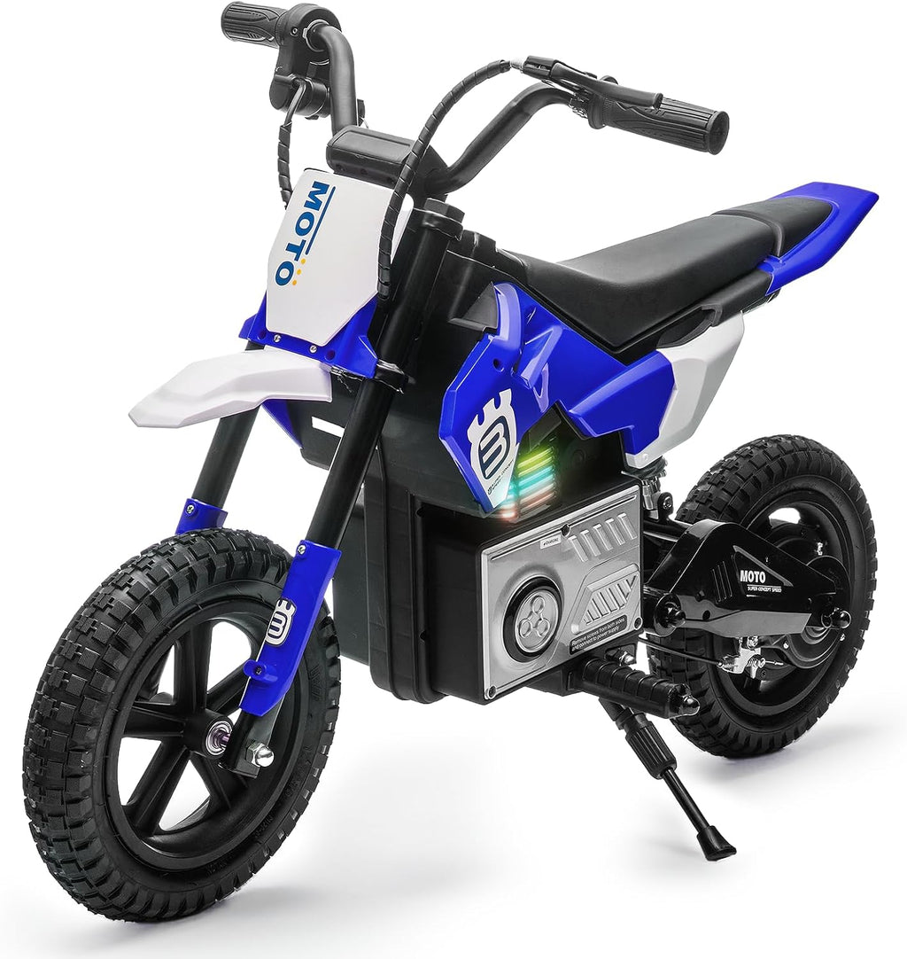 Blitzshark 24V Electric Dirt Bike for Kids，200W Motor Electric Motorcycle Aged 5-12, Electric Motorbike for Kids, Adjustable Speed, LED Breath lamp,Bluetooth,Music,Horn,Speeds 3-9MPH，Blue