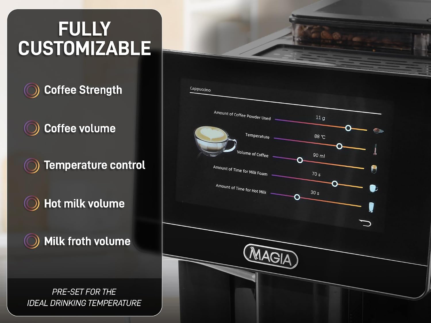 Zulay Kitchen Magia Ultra LUX Super Automatic Espresso Machine, Bean-to-Cup Coffee Maker with Built-In Grinder, Automatic Milk System, 19 One-Touch Specialty Drinks, Touchscreen, Black