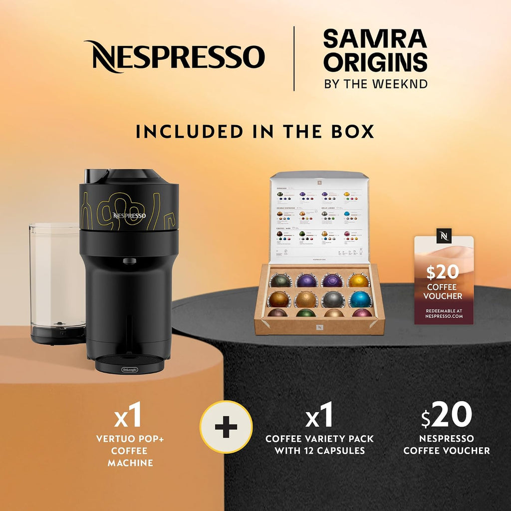 Nespresso Vertuo Pop+ Coffee and Espresso Maker by De'Longhi, Samra Origins by The Weeknd Vertuo Buna Yellow