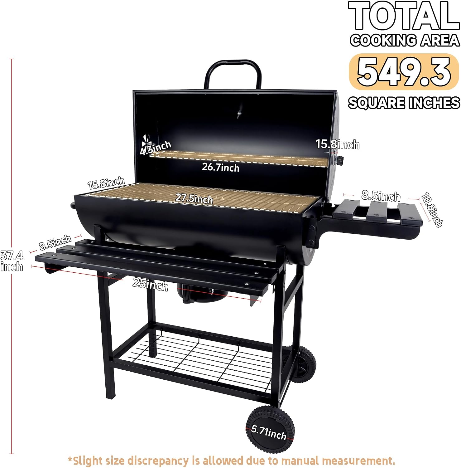 Charcoal Grill with Lid, 27' Outdoor BBQ Grill with Thermometer, Side Shelves, Wheels & Ash Catcher, Large Barrel Charcoal Smoker for Backyard, Camping & Outdoor Cooking