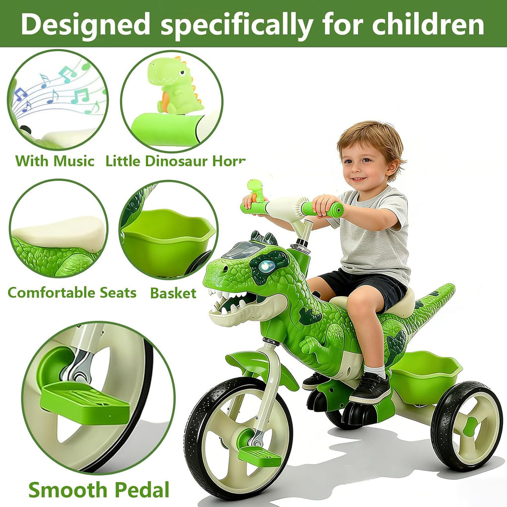 NMM Dinosaur Tricycle for Toddlers, Kids Trike with Music, LED, Tricycles for 3-5 Year Olds, for Rider, Big Wheel, Storage Basket, Horn, Toddler Bike for Boy, Dinosaur Toys for Kids 2-4 4-7
